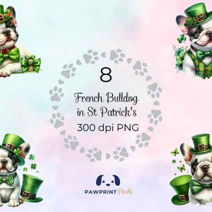 Französische Bulldogge In St Patrick's PNG Datei, Zauberhafter Hund in Grün, Digitales Bild, 300 dpi, Aquarell Illustration, Geschenkidee zum Ausdrucken.