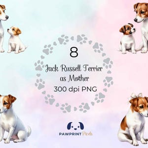 File PNG raffigurante una mamma Jack Russell Terrier, immagine digitale di una mamma e del suo cucciolo, illustrazione ad acquerello, idea regalo per la festa della mamma.