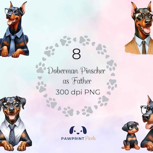 Dobermann pinscher als vader png-bestanden | Leuke digitale afbeelding hond vader en pup | 300 dpi, aquarelillustratie, cadeau-idee voor Vaderdag