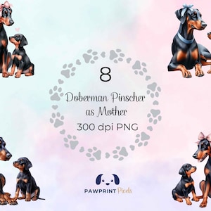 File PNG raffigurante una mamma Doberman, bellissima immagine digitale di una mamma e del suo cucciolo, 300 dpi, illustrazione ad acquerello, idea regalo per la festa della mamma.