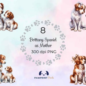 File PNG raffigurante una cagnolina Brittany Spaniel come mamma, adorabile immagine digitale di una mamma e del suo cucciolo, 300 dpi, illustrazione ad acquerello, idea regalo per la festa della mamma.
