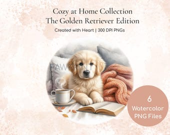 Cozy at Home Golden Retriever PNG Files | Lovely Dog Relaxing Indoors Watercolor Illustration| Digital Download