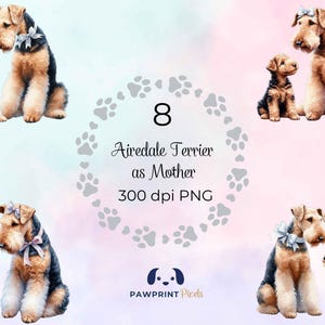 File PNG raffigurante una mamma Airedale Terrier, adorabile mamma e cucciolo, immagine digitale, 300 dpi, illustrazione ad acquerello, idea regalo per la festa della mamma.