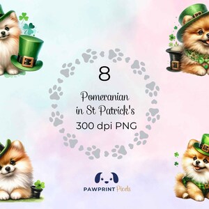 Pomerania nel file PNG di San Patrizio, incantevole cane in verde, immagine digitale, 300 dpi, illustrazione ad acquerello, idea regalo stampabile.