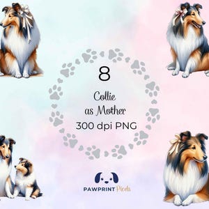 File PNG raffigurante una mamma collie, adorabile mamma e cucciolo, immagine digitale, 300 dpi, illustrazione ad acquerello, idea regalo per la festa della mamma.