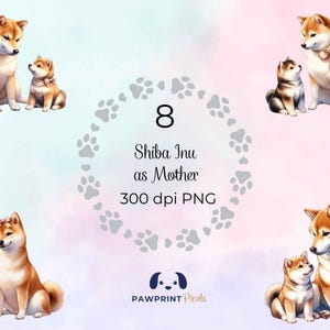 Archivo PNG de Shiba Inu como madre, hermosa madre perrita y cachorro, imagen digital, 300 ppp, ilustración en acuarela, idea de regalo para el día de la madre.