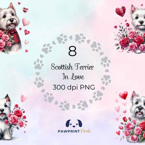 Op de afbeelding: Digitale illustratie van acht Scottish Terriers met bloemstukken en harten. De afbeelding bevat de tekst "8 Scottish Terrier In Love 300 dpi PNG" en het Pawprint Pixels-logo. De honden zijn omringd door roze en rode harten.