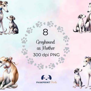 Greyhound come madre File PNG, immagine digitale di una simpatica mamma e cucciolo, 300 dpi, illustrazione ad acquerello, idea regalo per la festa della mamma.