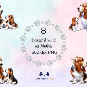 File PNG raffigurante una mamma Basset Hound, immagine digitale di una mamma e del suo cucciolo di cane kawaii, 300 dpi, illustrazione ad acquerello, idea regalo per la festa della mamma.