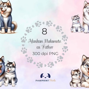 Alaskan Malamute als vader png-bestanden | Digitale afbeelding Darling Dog vader en pup | 300 dpi, aquarelillustratie, cadeau-idee voor Vaderdag