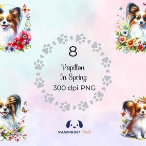 Papillon In Spring PNG-bestand, mooie hond met bloemen digitaal beeld, 300 dpi, aquarel illustratie, cadeau-idee voor Pasen.