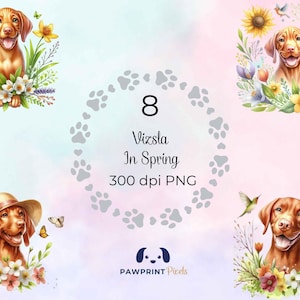 File PNG "Vizsla in primavera", adorabile cagnolino con fiori, immagine digitale, 300 dpi, illustrazione ad acquerello, idea regalo per Pasqua.