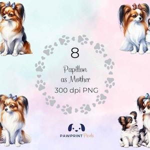 Papillon als moeder PNG-bestand, mooie hond moeder en pup digitaal beeld, 300 dpi, aquarel illustratie, Moederdag cadeau-idee.