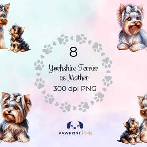 Fichier PNG pour la mère du Yorkshire Terrier, belle image numérique de chien, maman et petit, 300 dpi, illustration aquarelle, idée cadeau pour la fête des mères.