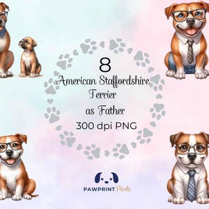 Archivos PNG de Amstaff Terrier como padre / Hermosa imagen digital de papá perro y cachorro / 300 dpi, ilustración en acuarela, idea de regalo para el Día del Padre