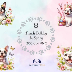 Buldogue Francês na Primavera Arquivo PNG, Cachorro Encantador com Flores Imagem Digital, 300 dpi, Ilustração em Aquarela, Ideia de Presente de Páscoa.