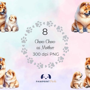 File PNG raffigurante una mamma Chow Chow, immagine digitale di una mamma e del suo cucciolo, 300 dpi, illustrazione ad acquerello, idea regalo per la festa della mamma.