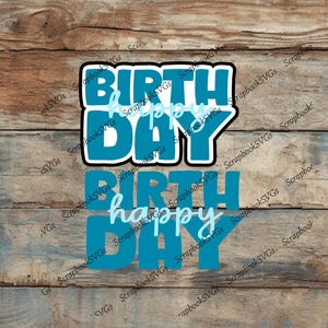 May include: Two blue and white birthday signs with the text "Happy Birthday" on a wooden background.