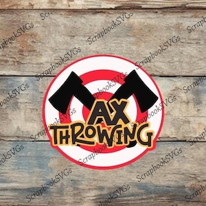 May include: A red and white target with two black axes crossed over it. The text "AX THROWING" is written in yellow letters around the target.