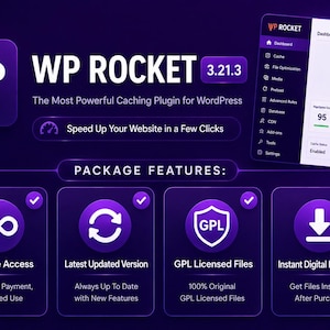 Puede incluir: Un gráfico digital para WP Rocket 3.21.3, un plugin de caché para WordPress. La interfaz morada muestra un panel con puntuaciones de rendimiento y enumera las características del paquete, incluyendo acceso de por vida y descarga instantánea.