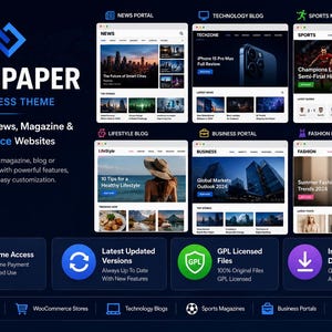 Puede incluir: Una pantalla digital para el tema de WordPress Newspaper que presenta seis ejemplos de diseño de sitios web, incluyendo noticias, tecnología, deportes, estilo de vida, negocios y moda. El gráfico incluye iconos de acceso de por vida.