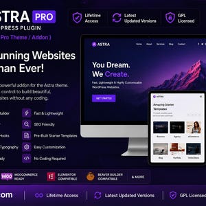 May include: A digital advertisement for Astra Pro, a WordPress plugin. The design features a desktop computer, tablet, and smartphone displaying website mockups. Text highlights features like advanced header builder, SEO-friendly design, and WooCommerce compatibility. The color scheme is purple and white.