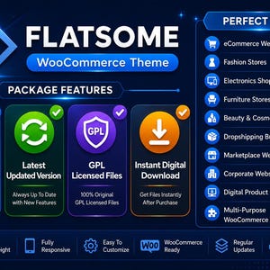 Puede incluir: Un gráfico digital azul oscuro para el tema Flatsome WooCommerce. Enumera las características del paquete, incluido el acceso de por vida, la última versión actualizada, archivos con licencia GPL y descarga digital instantánea.