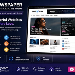 Pode incluir: Imagem de marketing digital mostrando um tema de site chamado "NEWSPAPER" em um tablet e smartphone. O tema &eacute; para sites de not&iacute;cias, blogs e revistas. A imagem inclui o texto "Build Powerful Websites That Readers Love."