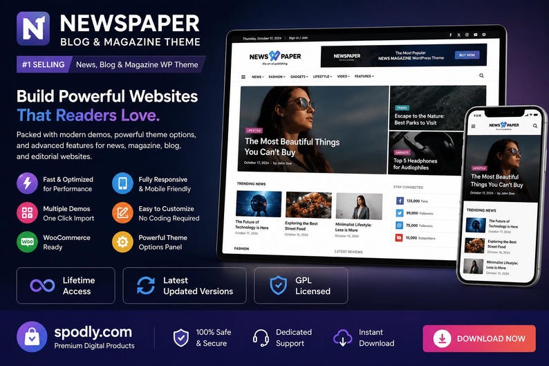 Pode incluir: Imagem de marketing digital mostrando um tema de site chamado "NEWSPAPER" em um tablet e smartphone. O tema &eacute; para sites de not&iacute;cias, blogs e revistas. A imagem inclui o texto "Build Powerful Websites That Readers Love."
