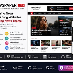 Pode incluir: Um design de site para um tema WordPress de not&iacute;cias e revistas. O design apresenta um layout de site em um laptop e um smartphone, com o texto "NEWSPAPER" e "The #1 Selling News Theme". O design tamb&eacute;m inclui &iacute;cones e texto que descrevem os recursos.