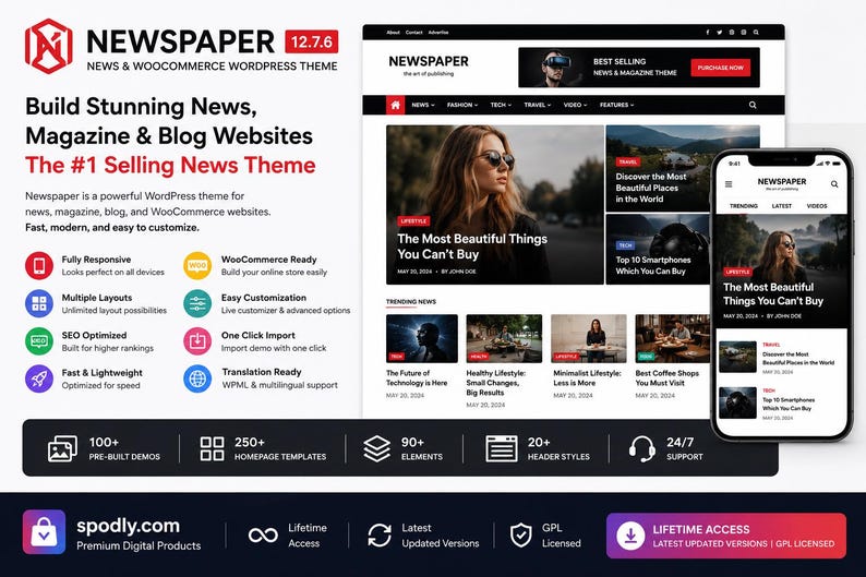 Pode incluir: Um design de site para um tema WordPress de not&iacute;cias e revistas. O design apresenta um layout de site em um laptop e um smartphone, com o texto "NEWSPAPER" e "The #1 Selling News Theme". O design tamb&eacute;m inclui &iacute;cones e texto que descrevem os recursos.