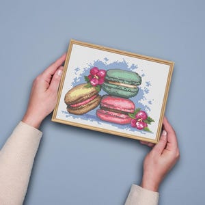 Op de afbeelding: Een ingelijst kruissteekontwerp met drie gestapelde macarons in roze, groen en bruin, met roze bloemen. Het kunstwerk wordt door twee handen tegen een blauwe achtergrond gehouden.
