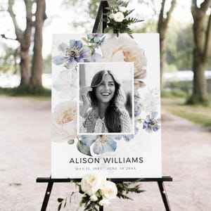 Blue Floral Funeral Welcome Sign: Celebration of Life Photo Poster (Canva Template - Digital Download)