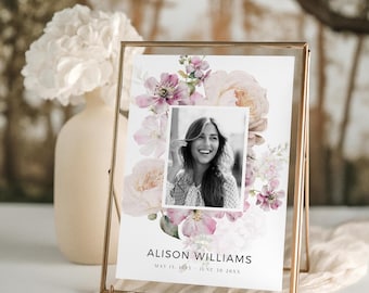 Dusty Pink Floral Funeral Welcome Sign, Canva Template