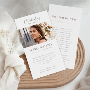 Plantilla imprimible de tarjeta de oración para funeral, tarjeta de oración conmemorativa imprimible en Canva, celebración de la vida, descarga instantánea