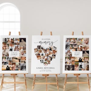 Puede incluir: Tres carteles conmemorativos sobre caballetes de madera. Los carteles presentan collages de fotos y texto. Un cartel dice "Always remembered", otro dice "In Loving Memory" con un collage de fotos en forma de corazón, y el tercero dice "Never Forgotten".