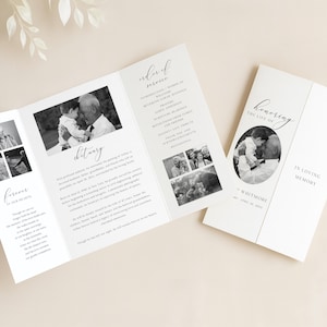 May include: A white funeral program with black text and photographs. The program is open, displaying the order of service, obituary, and photos. A second program is closed, with the words "honoring the life of" and "in loving memory."
