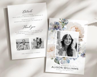 Puede incluir: Tarjeta conmemorativa con una fotografía de una mujer sonriente, rodeada de diseños florales en acuarela en tonos azules y crema. La tarjeta incluye el texto "Únase a nosotros para celebrar la vida de Alison Williams".