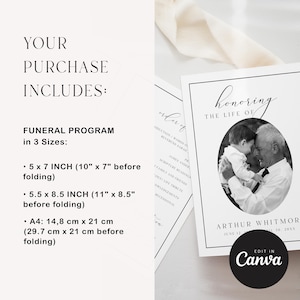 Puede incluir: Dise&ntilde;o de programa f&uacute;nebre con el texto "Honoring the Life Of" y una foto en blanco y negro de un hombre y un ni&ntilde;o. El programa incluye tres opciones de tama&ntilde;o: 5 x 7 pulgadas, 5,5 x 8,5 pulgadas y A4 (14,8 cm x 21 cm).