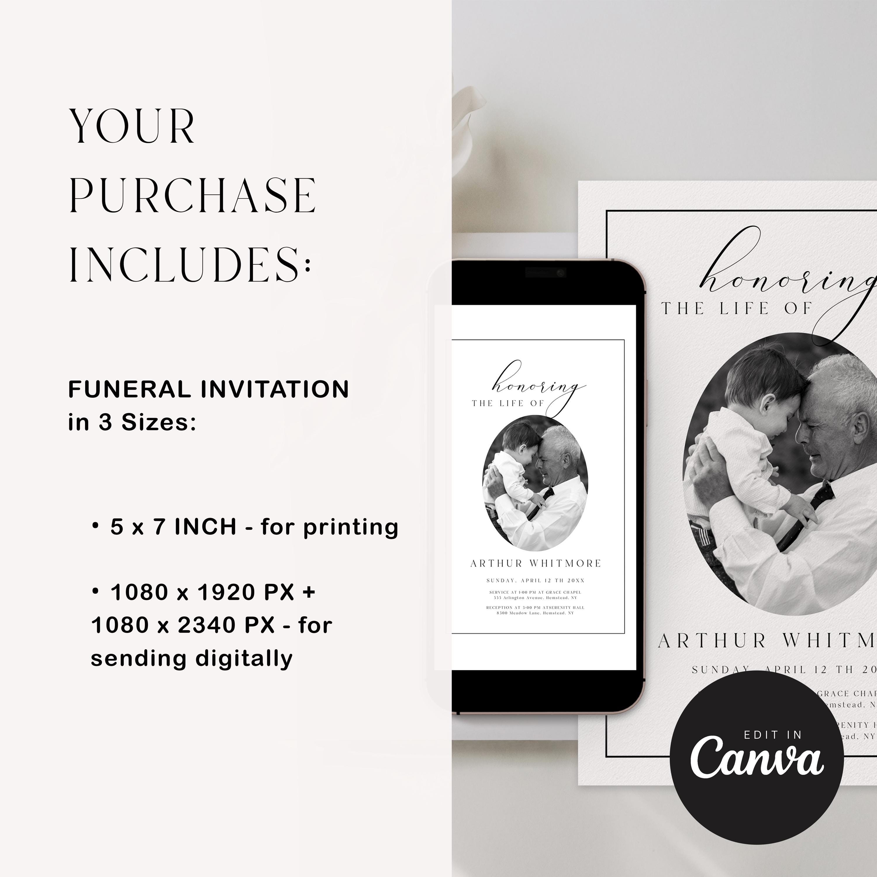 Elegant Funeral Celebration of Life Invitation Canva Template, Funeral ...