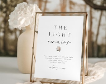 Funeral Poem Sign Template: The Light Remains, Memorial Keepsake, Instant Download