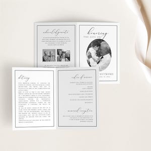 Puede incluir: Un programa conmemorativo en blanco y negro con un dise&ntilde;o sencillo. El programa incluye secciones para agradecimientos, obituario, orden del servicio y una recepci&oacute;n conmemorativa. Se presenta una foto de un hombre sosteniendo a un beb&eacute;.