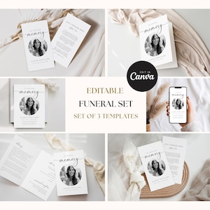 May include: A collection of three editable funeral templates. The templates feature a memorial card with a photo and the words "In Loving Memory", a bi-fold card, and a smartphone mockup. The text "Editable Funeral Set" is also visible.