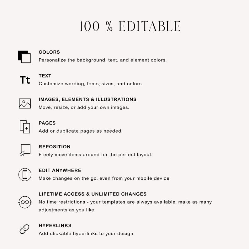 Puede incluir: Gr&aacute;fico color crema con el texto "100% EDITABLE" en la parte superior. La imagen enumera caracter&iacute;sticas como personalizaci&oacute;n de color, edici&oacute;n de texto, inserci&oacute;n de im&aacute;genes, gesti&oacute;n de p&aacute;ginas, reposicionamiento, edici&oacute;n m&oacute;vil e hiperv&iacute;nculos.