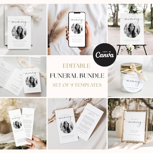 Könnte beinhalten: Eine Sammlung von neun bearbeitbaren Trauervorlagen, darunter Gedenkkarten, ein Handy-Bildschirm-Mockup, ein Schild und ein Gläseretikett. Jede Vorlage zeigt ein Foto und die Worte "In Loving Memory" und "Share a Memory".