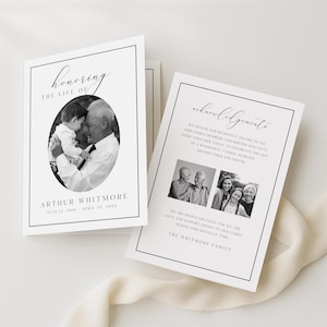Puede incluir: Tarjeta conmemorativa de dos p&aacute;ginas con borde negro. La parte delantera presenta una foto en blanco y negro de un hombre sosteniendo a un ni&ntilde;o, con el texto "Honoring the Life of Arthur Whitmore". El interior incluye fotos y texto.