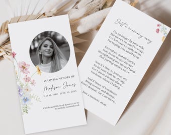 Floral Prayer Card Template, Wildflower Celebration of Life Card, In Loving Memory, Instant Download