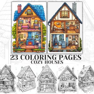 以下が含まれることがあります： 居心地の良い家をテーマにした塗り絵23ページ。ページは、複数の部屋と詳細な描写が施された家の白黒線画です。家は、コテージ、ビクトリア様式、モダンな家など、さまざまなスタイルがあります。