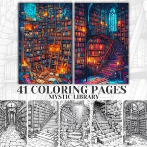 41 páginas para colorear de Mystic Library para adultos y adolescentes, hojas para colorear, colorear en escala de grises, PDF imprimible, colorear de la biblioteca, libro de fantasía