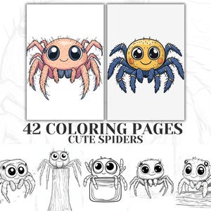 Adorable Spiders Coloring Sheets for Kids and Adults, Animal Coloring Pages, PDF Kawaii Printable, Preschoolers and Toddlers Coloring Book